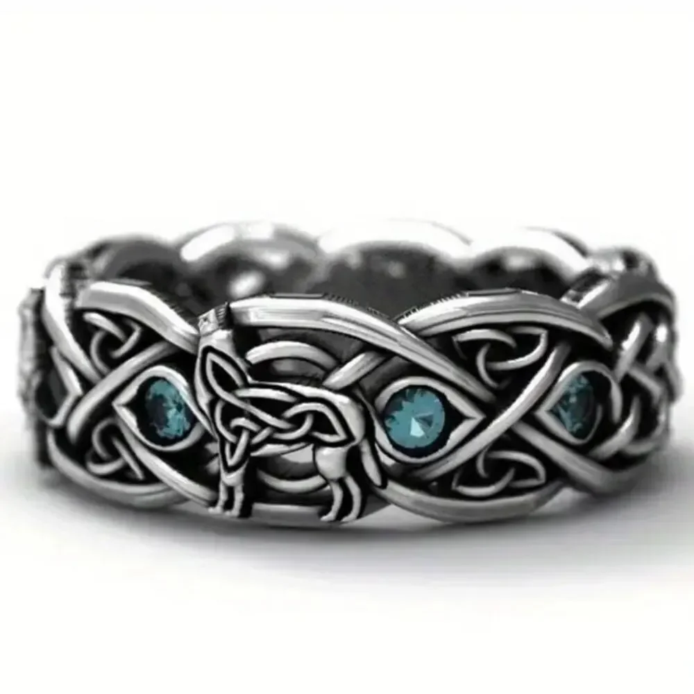 Unisex Silver Celtic Knot wolf Ring with Blue Accents sz 6